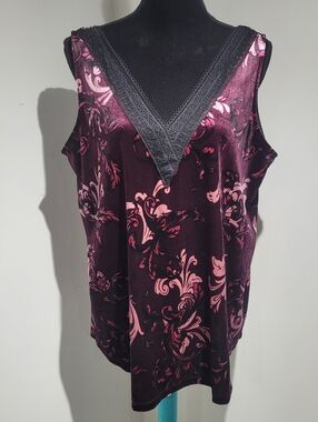 Michel Studio Women's Black & Pink Floral Lace V-Neck Velour Tank Top 2X NEW